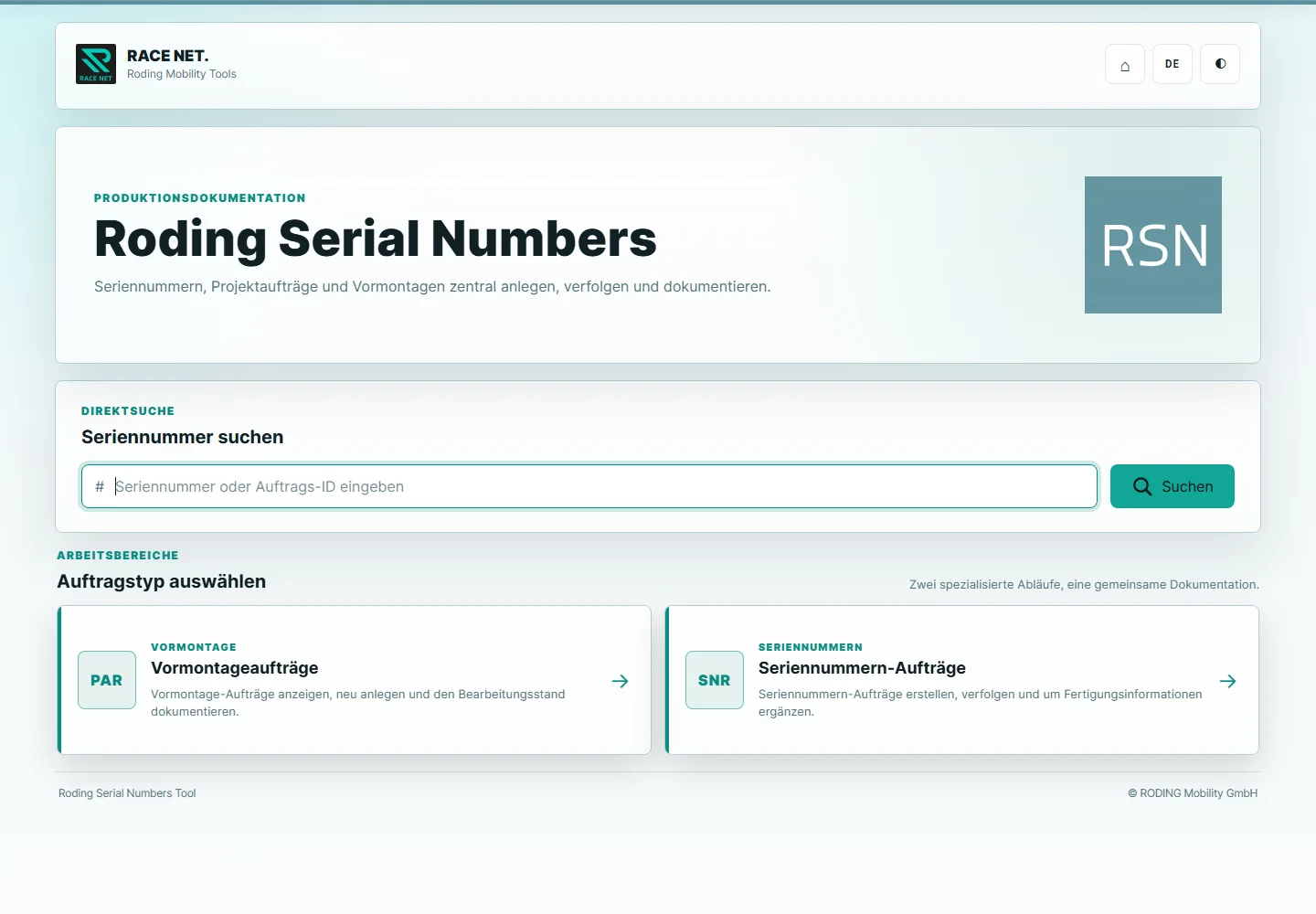 Landingpage des Roding Serial Numbers Tools