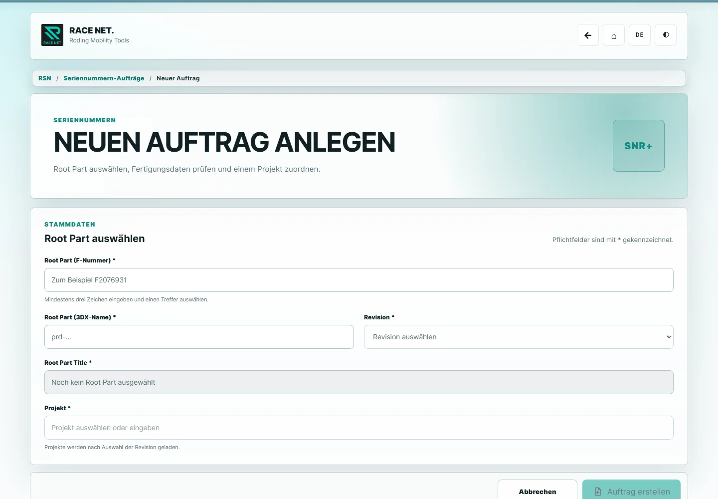 Geführte Anlage eines Serial Number Requests.