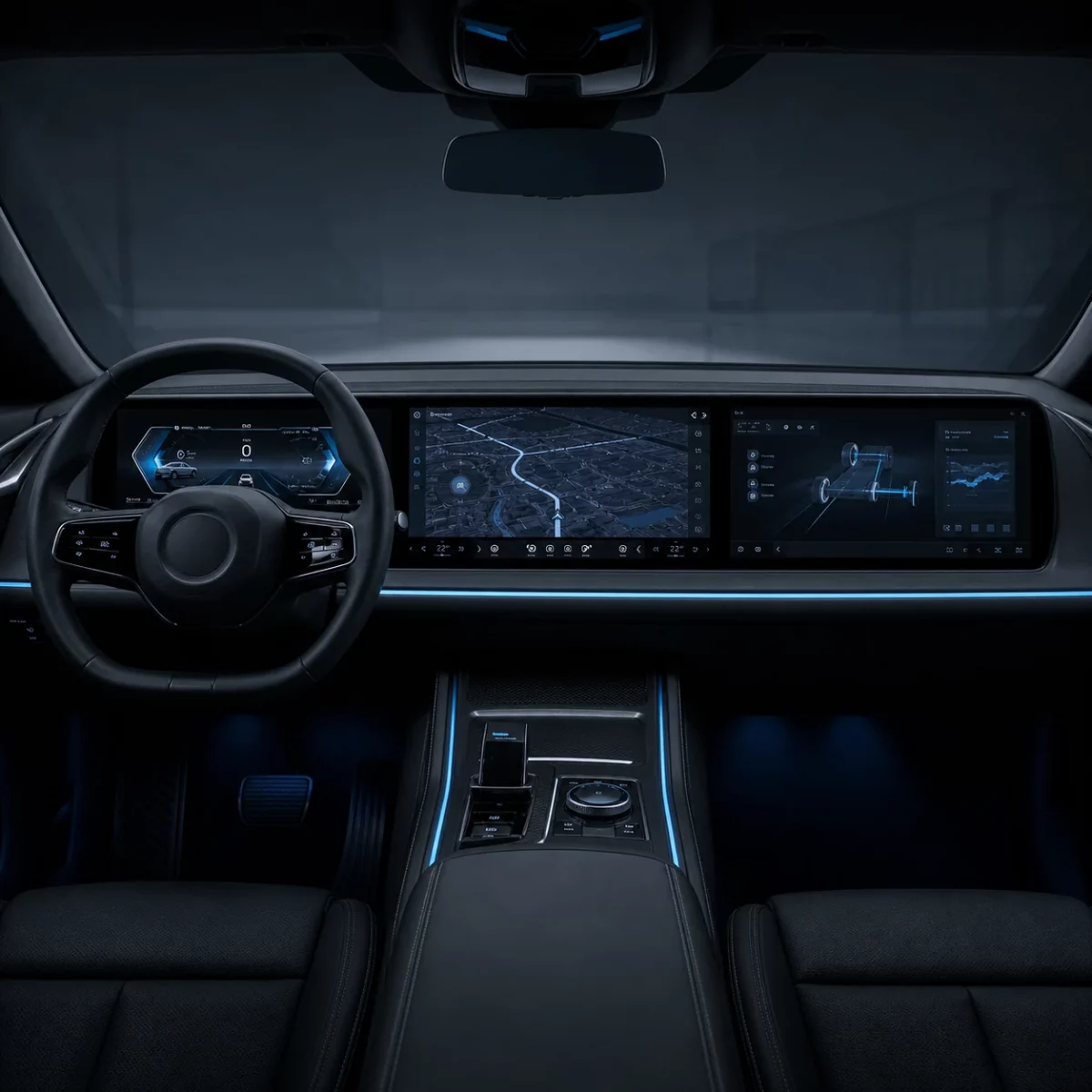 Konzeptvisualisierung eines integrierten Fahrzeug-HMI mit mehreren Displays