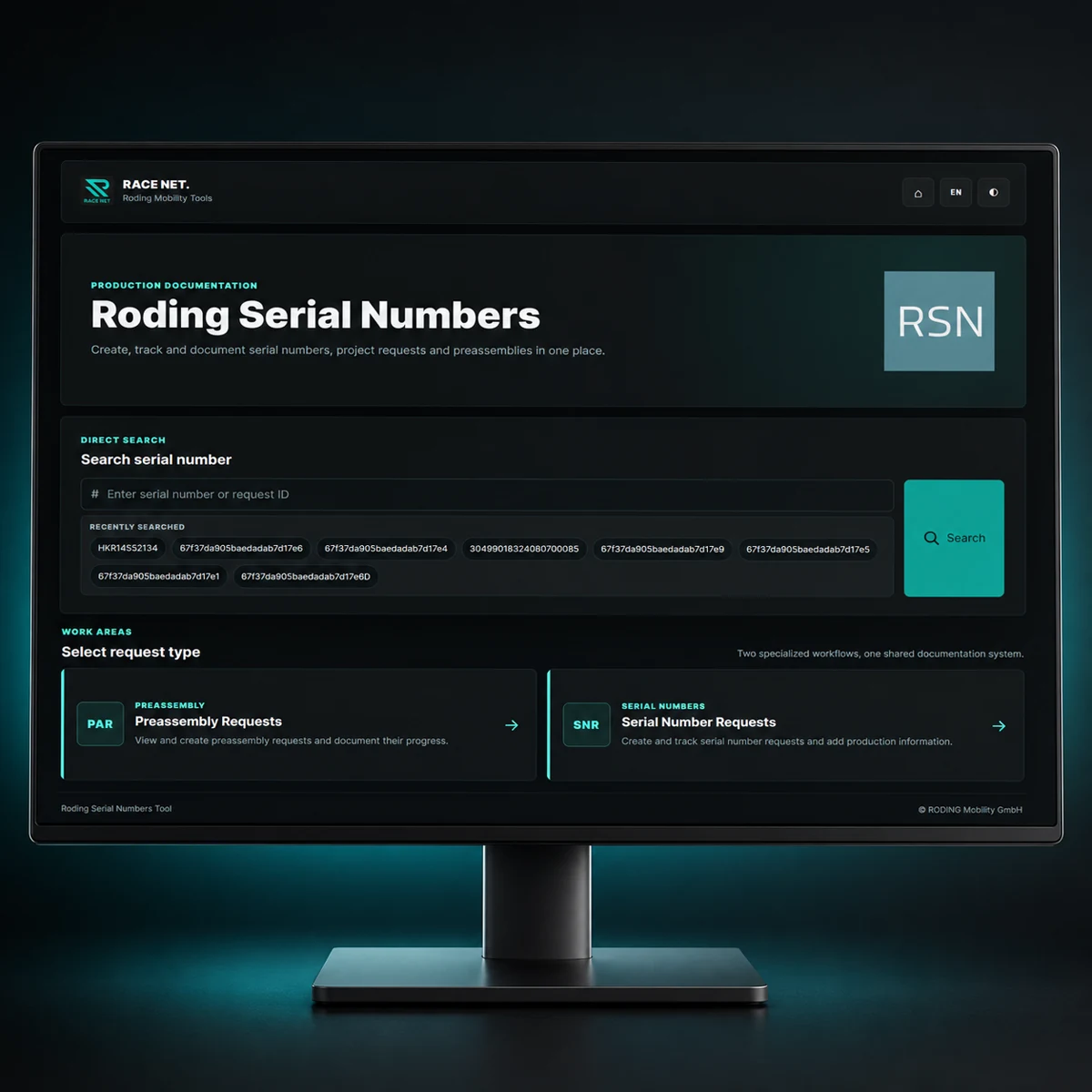 Roding Serial Numbers Tool auf einem Desktop-Monitor